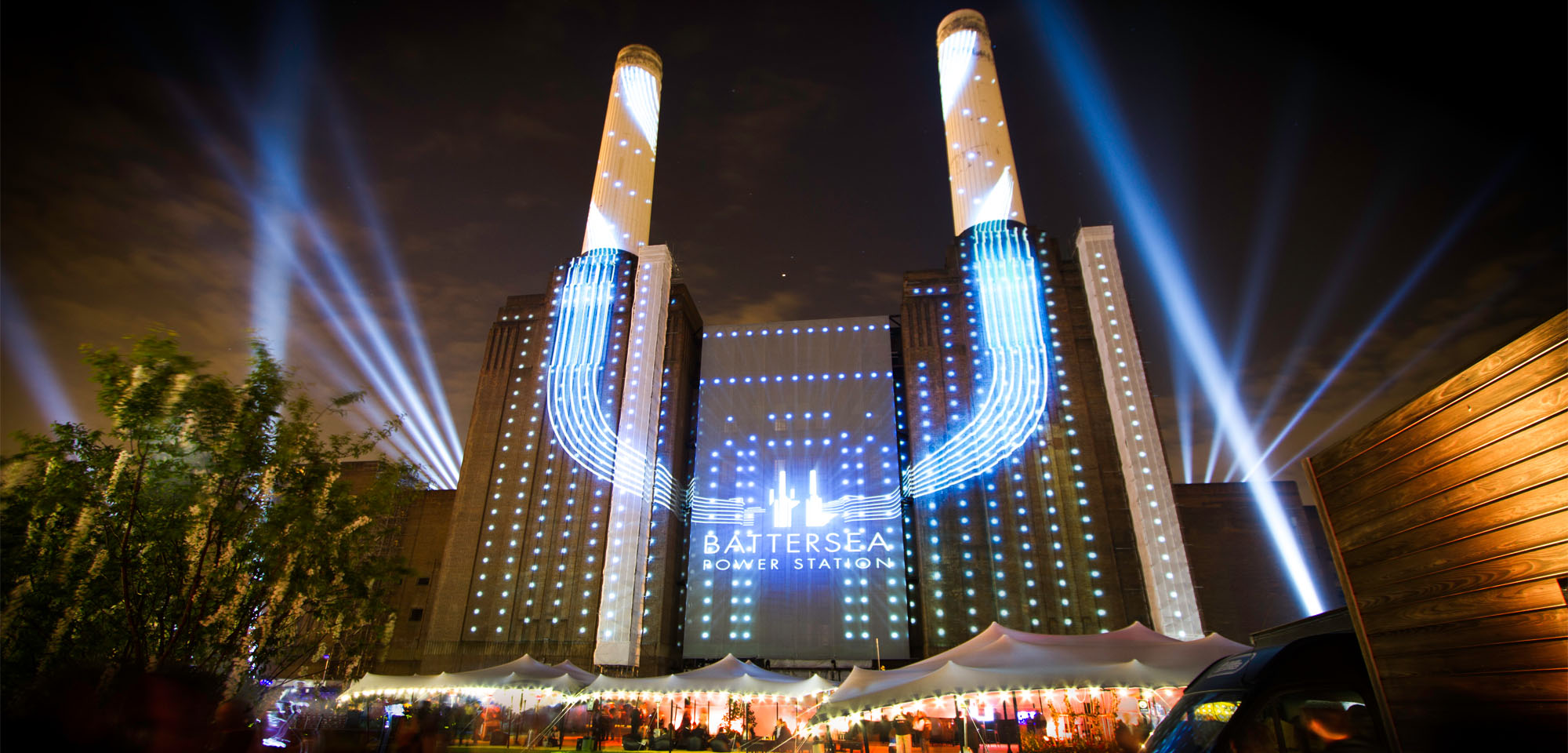 White stretch tent Battersea Power Station Nightime uplit